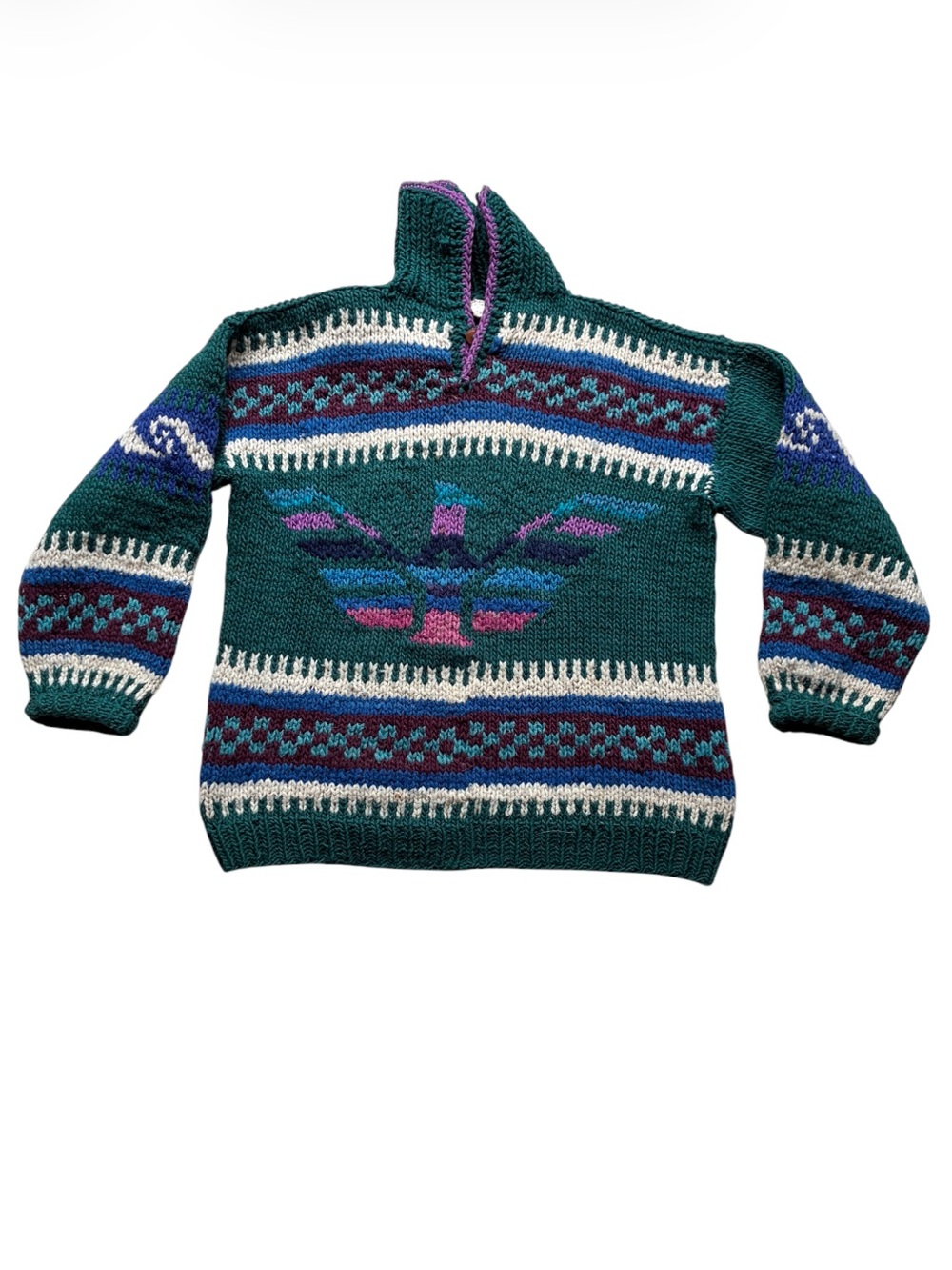 Creaciones Pacari Vintage Women's Green Thunderbird Hand Knit Sweater 100% Wool